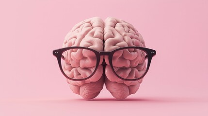 Poster - brain wearing glasses on pink background representing intelligence and creativity