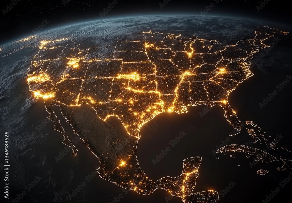 North America Night Lights from Space: Detailed Aerial View of ...