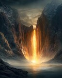 Fiery waterfall cascading through a mountain gorge