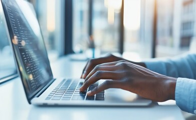 Aufkleber - Programmer writing code on laptop in modern office