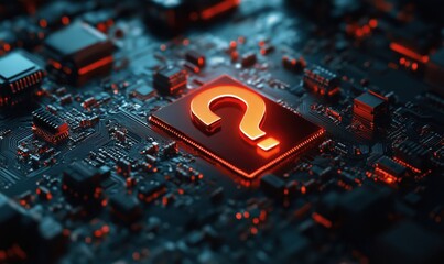 Poster - question mark symbol on circuit board representing technology uncertainty and innovation