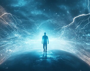 Poster - Silhouette of a Man Walking Towards a Bright Blue Digital Futuristic Landscape