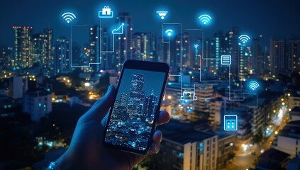 Aufkleber - Hand Holding Smartphone Showing Night Cityscape with Digital Icons