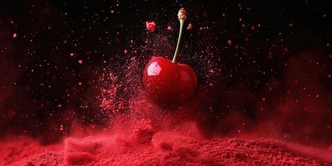 Poster - Red cherry floating above vibrant red powder creating dynamic visual effect
