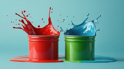 Poster - Vibrant splashes of red and blue paint from open cans on a light blue background