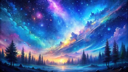 beautiful fantasy starry night sky with blue and purple galaxy and aurora. northern lights at night.
