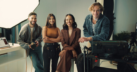 Aufkleber - Camera, photography and portrait with people in studio together for catalog or magazine photoshoot. Backstage, creative or smile with happy makeup artist, model and photographer on set for film
