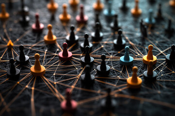 Poster - A network of colorful game pieces connected by glowing lines on a dark textured background