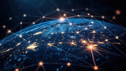 Poster - Global Network Connections at Night: Illuminated Earth with Digital Connections