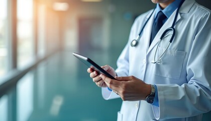 Aufkleber - Doctor uses tablet remote patient monitoring. Healthcare tech, telemedicine, hospital automation, digital health. Modern medicine, innovation, online consultation, remote care, health data, e-health