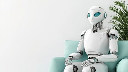Poster - Future Companion: A sleek, futuristic robot sits thoughtfully on a plush sofa, embodying the integration of advanced technology into everyday life.