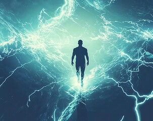 Poster - Silhouette of a Man Walking Through a Blue Electric Energy Field