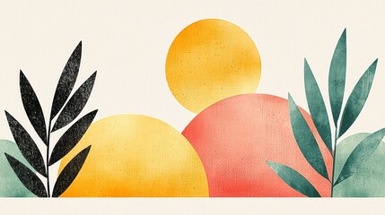 Poster - Abstract Watercolor Landscape: An abstract landscape with soft, watercolor textures, featuring sun, hills, and leaves. conveying a sense of tranquility and artistic charm.