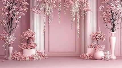 Poster - Pink pastel room with cherry blossoms, columns, and vases.