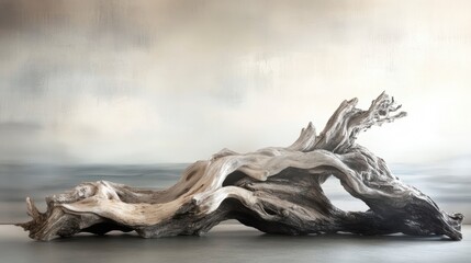 Poster - Weathered driftwood art piece, organic curves, light grey tones, textured surface, against muted ocean backdrop.