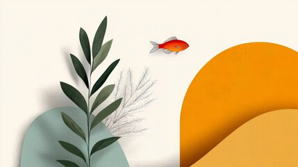 Poster - Harmony of Nature and Art: Abstract artwork features a vibrant goldfish, elegant leaves and botanical elements, with an aesthetic and colorful touch.