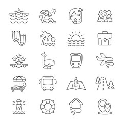 Poster - Travel icon set. Travel thin line vector icons . Travel, tour, tourism, vacation thin line icon collection. Editable stroke