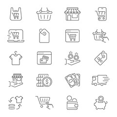 Poster - Shopping vector icons. Shopping icons in line style. Online shopping, digital marketing, delivery, coupon, shop, discount, bank card, gifts, shop, shopping related thin line icons