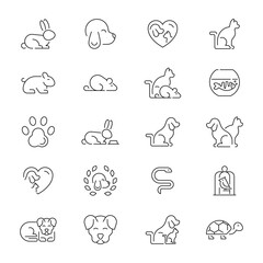Poster - Pets vector icon set. Animal care and vet clinic icons. Dog, cat, puppy, animals, pets related thin line icon collection. Editable stroke