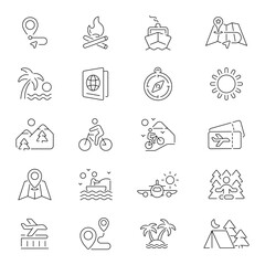 Poster - Travel vector icons. Travel icon set. Holiday, vacation, plane, passport, hotel, palm tree, travel, beach, travel related icons. Thin line editable stroke