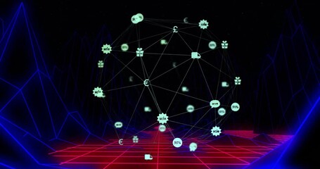 Poster - Animation of currency symbols connecting over digital grid network background