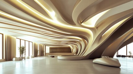 Poster - Modern lobby interior design with flowing ceiling, large windows, and sleek furniture.