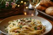 © Josiah - Warm, steaming carbonara with herbs and parmesan served at an intimate dining setting with soft lighting