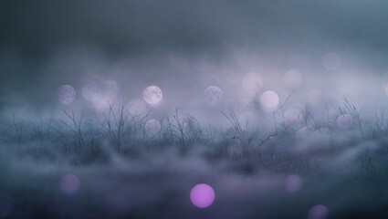 Poster - Misty twilight landscape with glowing orbs and bare branches under the moonlight