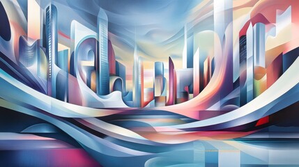 Poster - Abstract futuristic city landscape with swirling, colorful buildings and flowing lines.