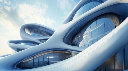 Poster - Futuristic building exterior with flowing, organic curves and large windows against a bright sky.