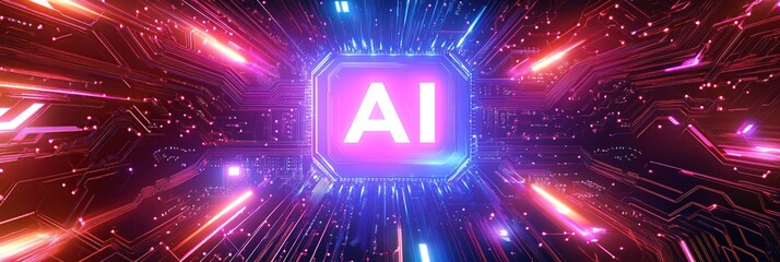 Poster - Glowing AI Microchip Abstract Background with Neon Lights and Dynamic Particles