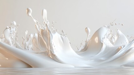 Poster - Dynamic splash of white liquid, creating abstract wave shapes and droplets against a light background.