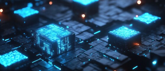Poster - Futuristic digital landscape with glowing technology cubes