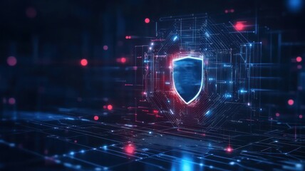 Poster - Digital shield representing cybersecurity in a futuristic setting