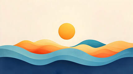 Poster - Artistic Waves and Sun Illustration for Minimalist Design Projects