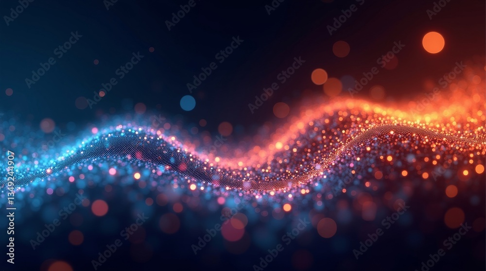 Futuristic abstract digital wave with glowing blue and orange particles ...