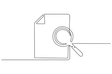Wall Mural - continuous one line drawing of paper document with magnifying glass. single line drawing illustratio