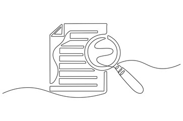 Wall Mural - continuous one line drawing of paper document with magnifying glass. single line drawing illustratio