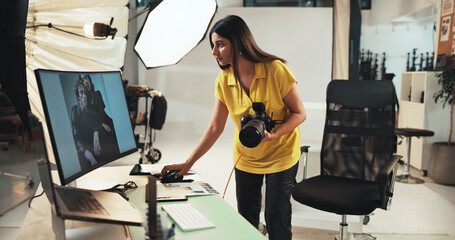 Aufkleber - Editing, photographer and woman with camera, computer and creative for project in studio or serious. Business, artist and person with tech for photography, post production and choice of picture