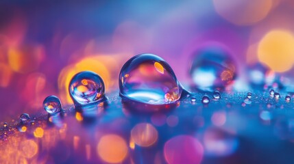 Poster - Close-up of three water droplets on a surface, illuminated by colorful bokeh lights.