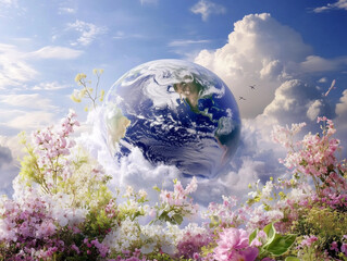 planet earth floating in sky with blooming flowers