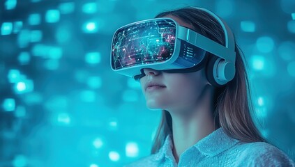 Poster - Young Woman Wearing VR Headset in a Blue Lit Digital Environment