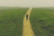 © lemonmoon - solitary figure walks along narrow path through vast, misty field, evoking sense of introspection and solitude. scene is serene yet mysterious, with soft, muted color palette