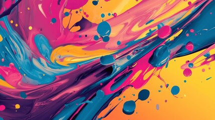 Poster - Abstract vibrant paint swirls and splatters in pink, blue, and yellow.