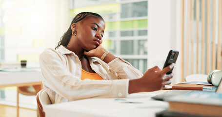 Aufkleber - Bored, student and woman with smartphone, university and waiting for exam results in classroom or online. Tired, college and black person with mobile for research, scholarship and browsing on website