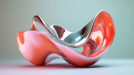 Poster - Abstract, modern, metallic sculpture with flowing, organic shapes in coral and chrome.
