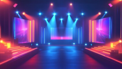 Poster - Vibrant Neon Stage with Colorful Lights and Empty Screen