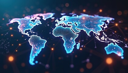 Fototapete - Digital illustration of world map connected by glowing lines. Global communication, data transfer, interconnectedness. Modern tech concept, cyberspace visualization. World-wide network, internet