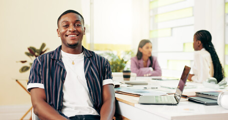 Poster - student, man and happy in portrait, classroom or ready by laptop for research project in study hall 