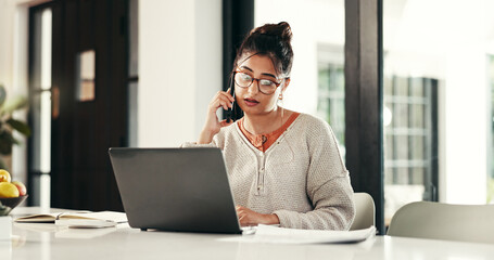 Fototapete - Phone call, remote work and woman with laptop in house with contact for client feedback. Computer, communication and event planner with freelance job on mobile discussion for vendor negotiation.